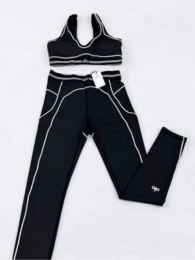 Alo Black & White Piping Sports Bra and Leggings Set